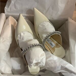 Jimmy Choo Ivory Patent Pointed-Toe Mules with Crystal Strap